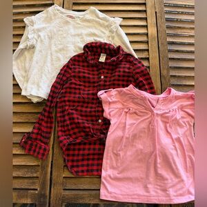 Carter's Red Plaid, Pink Button Tee, Cat & Jack White Ruffle Shirt Trio Bundle